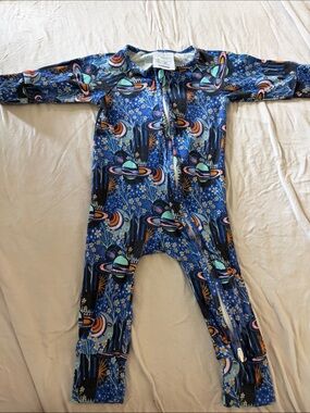 B64 Small Shop Bamboo Cotton Blend Blue Planet Print Zippered Kids One-Piece